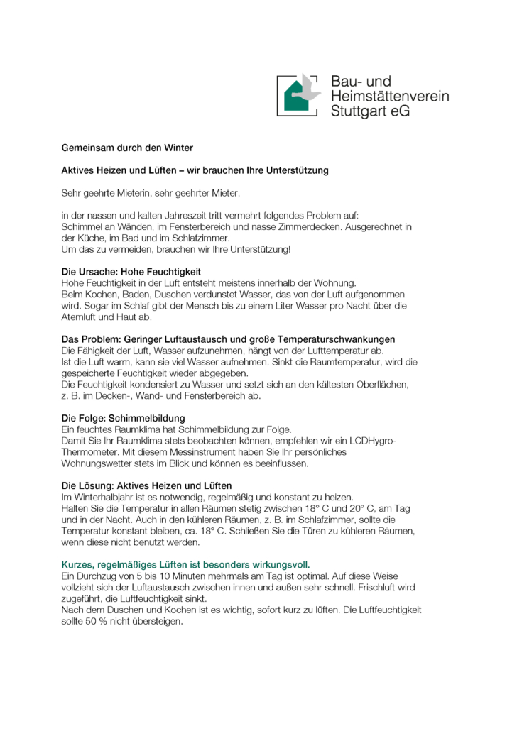 Mieterinformationen Bau und Heimstättenverein Stuttgart eG